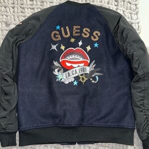 Guess Dark Blue and Black Women's Embellished Logo Bomber Jacket